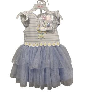 Little Lass Pastel Blue Striped Daisy Dress with Hair Accessory 24 Month NWT